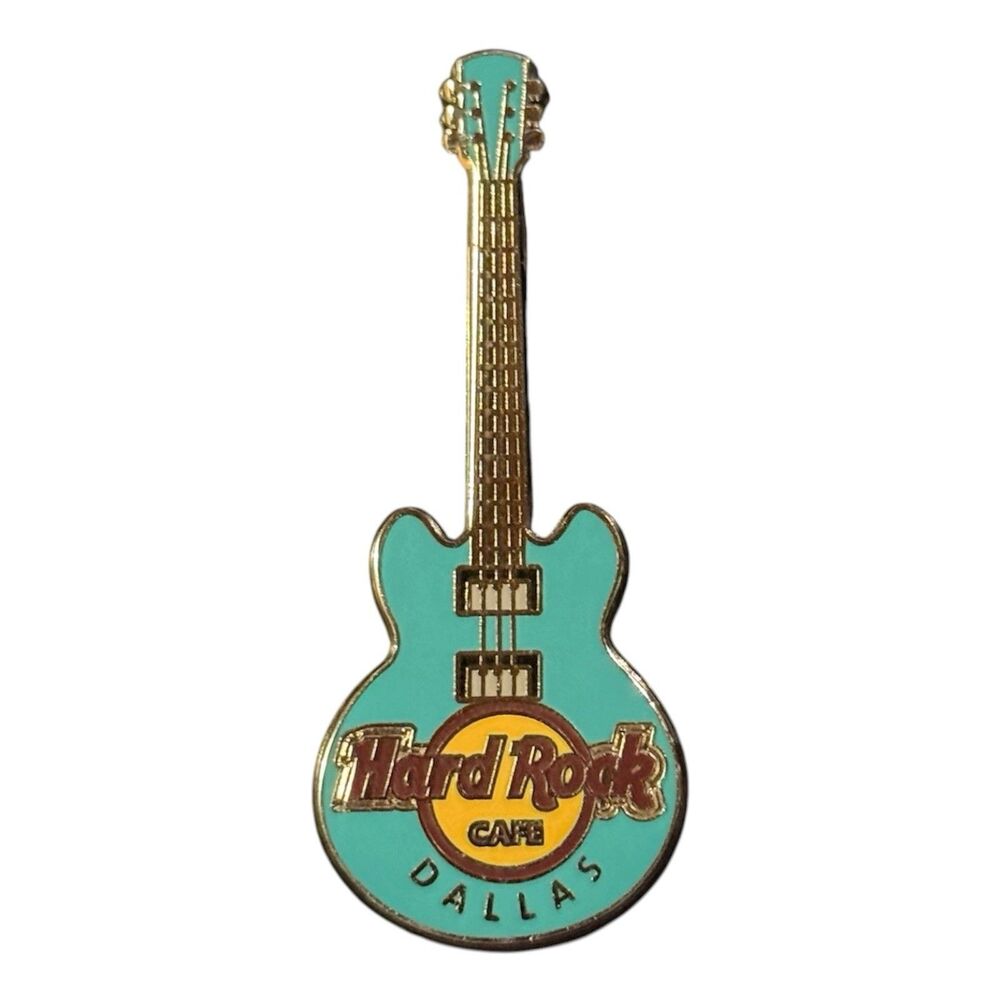Hard Rock Cafe Dallas Guitar Pin Turquoise Blue Silver Double Back 2.25” USA